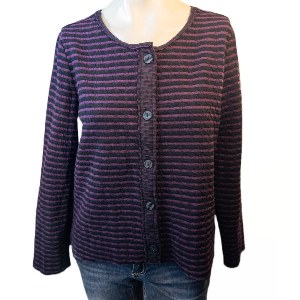 Habitat Womens Size Small Cardigan Blue Purple Stripe Round Neck Long Sleeve Top